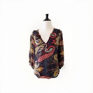 ANTHROPOLOGIE Top Size XS Velvet by Graham & Spencer Paisley Print Knit Blouse